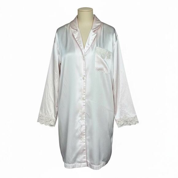 Natori Other - Natori Satin Lace Trim Nightshirt Blush Pink Silky Button Front Women’s Large